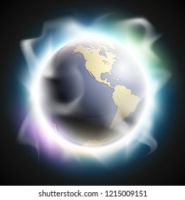 World map rising sun. Solar eclipse globe icon, space sunlight. Planet Earth sunny glow background view from space. Continents world Sunshine picture. Colorful solar eclipse astro poster presentation