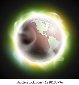 World map rising sun. Solar eclipse globe icon, space sunlight. Planet Earth sunny glow background view from space. Continents world Sunshine picture. Colorful solar eclipse astro poster presentation