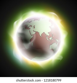 World map rising sun. Solar eclipse globe icon, space sunlight. Planet Earth sunny glow background view from space. Continents world Sunshine picture. Colorful solar eclipse astro poster presentation