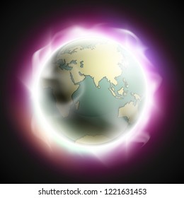 World map rising sun. Solar eclipse globe icon, space sunlight. Planet Earth sunny glow background view from space. Continents world Sunshine picture. Colorful solar eclipse astro poster presentation