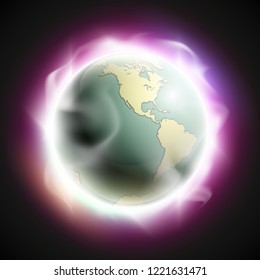 World map rising sun. Solar eclipse globe icon, space sunlight. Planet Earth sunny glow background view from space. Continents world Sunshine picture. Colorful solar eclipse astro poster presentation