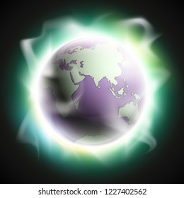 World map rising sun. Solar eclipse globe icon, space sunlight. Planet Earth sunny glow background view from space. Continents world Sunshine picture. Colorful solar eclipse astro poster presentation
