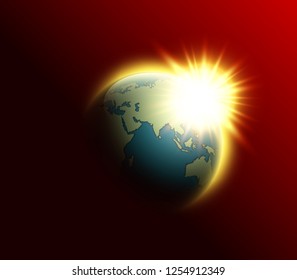 World map rising sun. Solar eclipse globe icon, space sunlight. Planet Earth sunny glow background view from space. Continents world Sunshine picture. Colorful solar eclipse astro poster presentation
