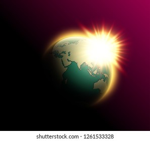 World map rising sun. Solar eclipse globe icon, space sunlight. Planet Earth sunny glow background view from space. Continents world Sunshine picture. Colorful solar eclipse astro poster presentation