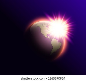 World map rising sun. Solar eclipse globe icon, space sunlight. Planet Earth sunny glow background view from space. Continents world Sunshine picture. Colorful solar eclipse astro poster presentation