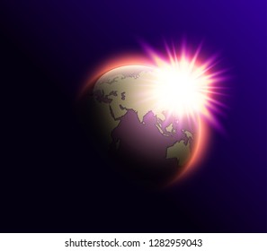 World map rising sun. Solar eclipse globe icon, space sunlight. Planet Earth sunny glow background view from space. Continents world Sunshine picture. Colorful solar eclipse astro poster presentation