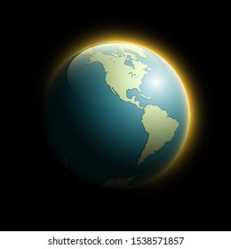 World map rising sun. Solar eclipse globe icon, space sunlight. Planet Earth sunny glow background view from space. Continents world Sunshine picture. Colorful solar eclipse astro poster presentation