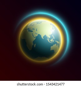 World map rising sun. Solar eclipse globe icon, space sunlight. Planet Earth sunny glow background view from space. Continents world Sunshine picture. Colorful solar eclipse astro poster presentation