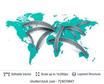 World map and roads connecting continents. International paths and connections. Vector template easy to edit.