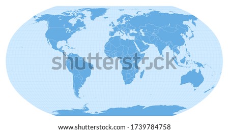 World map in Robinson projection (EPSG:54030). Detailed vector Earth map with countries’ borders and 5-degree grid.