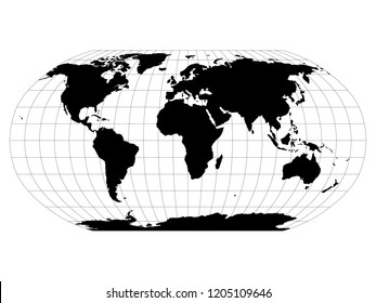 World Map in Robinson Projection with meridians and parallels grid. Black land with black outline. Vector illustration.