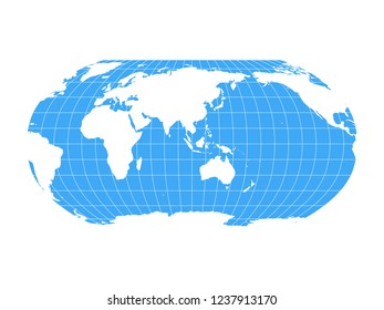 World Map in Robinson Projection with meridians and parallels grid. Asia and Australia centered. White land and blue sea. Vector illustration.