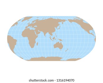 World Map in Robinson Projection with meridians and parallels grid. Asia and Australia centered. Brown land and blue sea. Vector illustration.