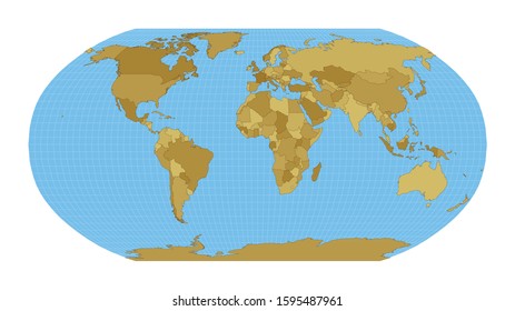 World Map. Robinson projection. Map of the world with meridians on a blue background. Vector illustration.