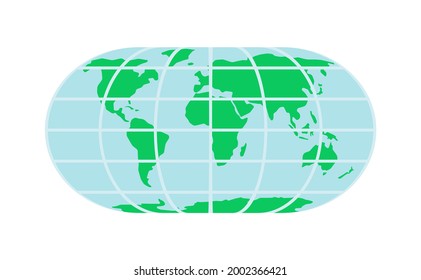 World Map In Robinson Projection with meridians and parallels grid with flat round cartoon style isolated on white background