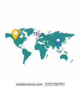 World map route icon in flat colorful style for global travel planning. Perfect for tourism apps, journey maps, travel blogs, and destination concepts.