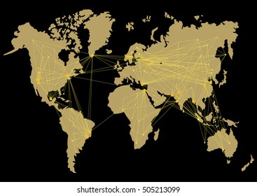 World map with routes between countries. Black, yellow colors. Isolated on black background