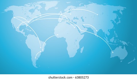 World map with routes between countries. Editable vector file.