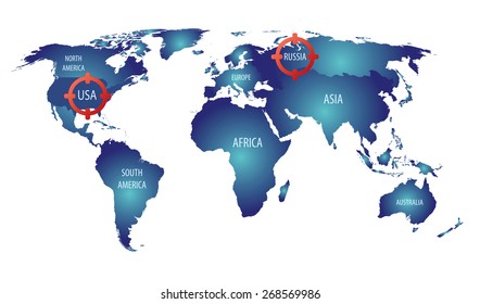 World Map - Russia And USA Targets, Cold War