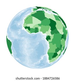 World Map. Satellite (tilted perspective) projection. World in green colors with blue ocean. Vector illustration.