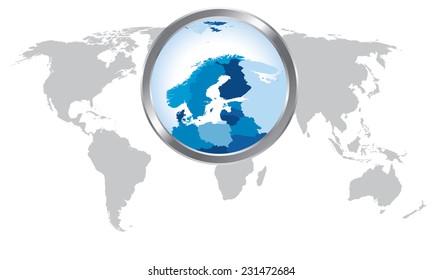 World map with Scandinavia magnified by loupe