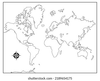 Weltkarte oder Schulkarte der Welt ohne politische Teilung in Schwarz-Weiß