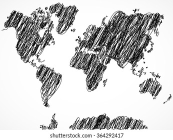 world map scribble sketch / black white vector illustration
