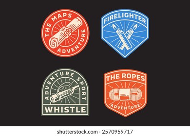 world map scroll, gas lighter crossed, whistle with compass, hank of outdoor ropes retro badge logo vector design collection set for adventure, explorer, mountaineer, hiker and climber