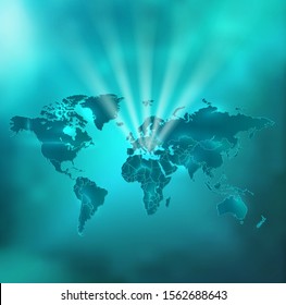 World map with separate states in glowing magic light on celestial background vector