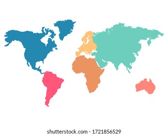 World map with separated colorful continents vector illustration isolated on white