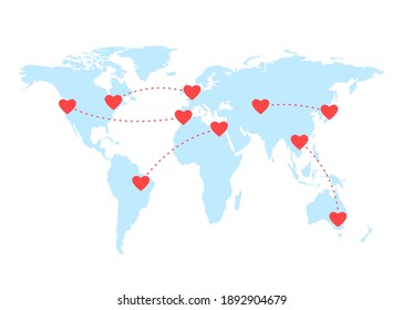 World map and separated loving couples. Love in distance. Connecting hearts through online communication, Internet. Valentine's Day. Vector illustration