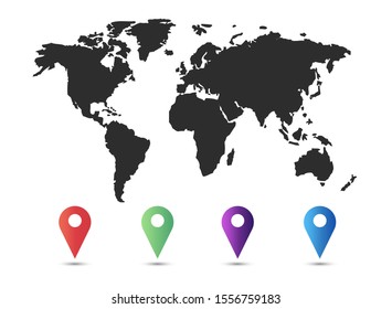 World map with set of blank colorful pointers and markers vector.