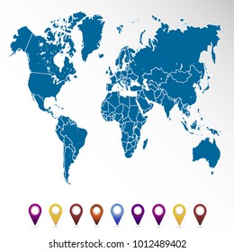 World map. set of color pointers