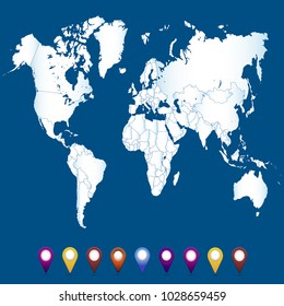World map. set of color pointers