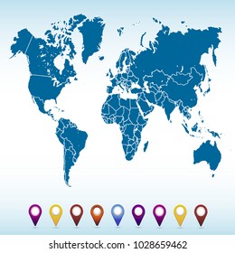 World map. set of color pointers