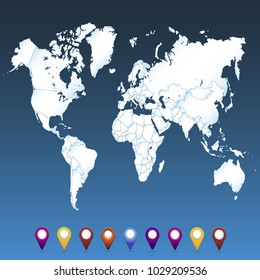 World map. set of color pointers
