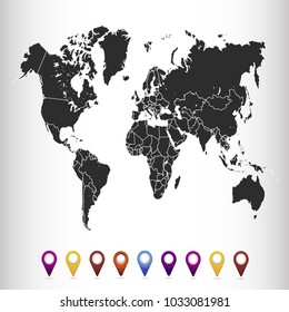 World map. set of color pointers