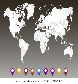 World map. set of color pointers