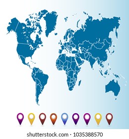World map. set of color pointers
