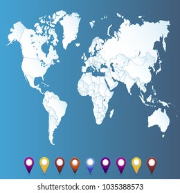 World map. set of color pointers