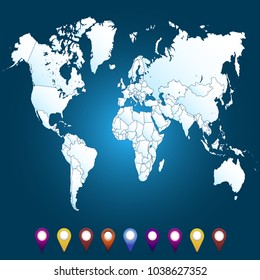 World map. set of color pointers