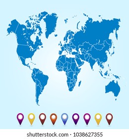 World map. set of color pointers
