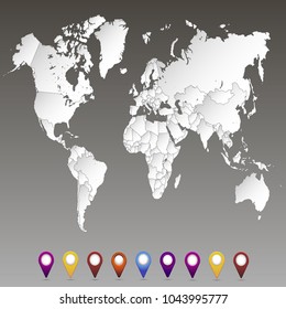 World map. set of color pointers