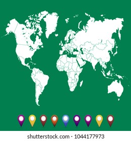 World map. set of color pointers