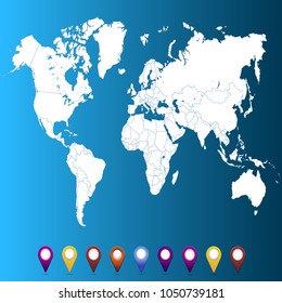 World map. set of color pointers