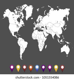 World map. set of color pointers