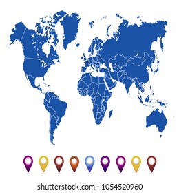 World map. set of color pointers