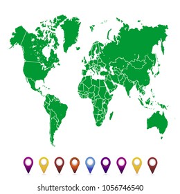 World map. set of color pointers