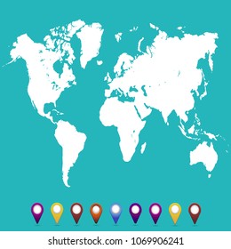 World map. set of color pointers