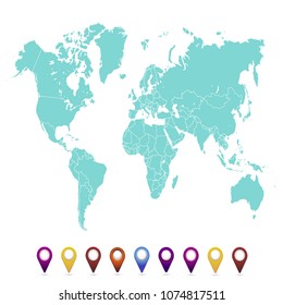 World map. set of color pointers